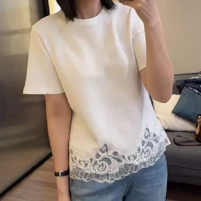 Plus Size Summer Cotton White Right Shoulder Short-Sleeved T-Shirt for Women 2025 New Style Super Nice and Beautiful Lace Top