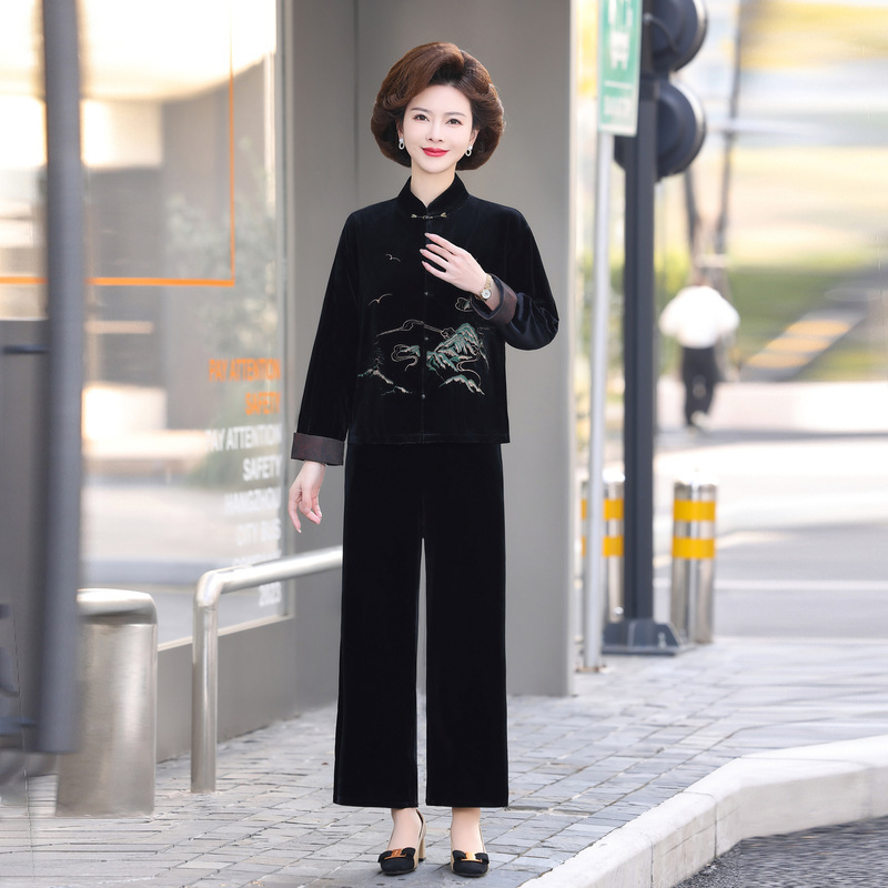 中年妈妈秋装套装洋气中老年金丝绒上衣服春秋季新中式国风外套女|undefined
