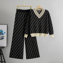 跨境外贸小香风休闲运动套装女秋冬新款条纹针织毛衣阔腿裤两件套