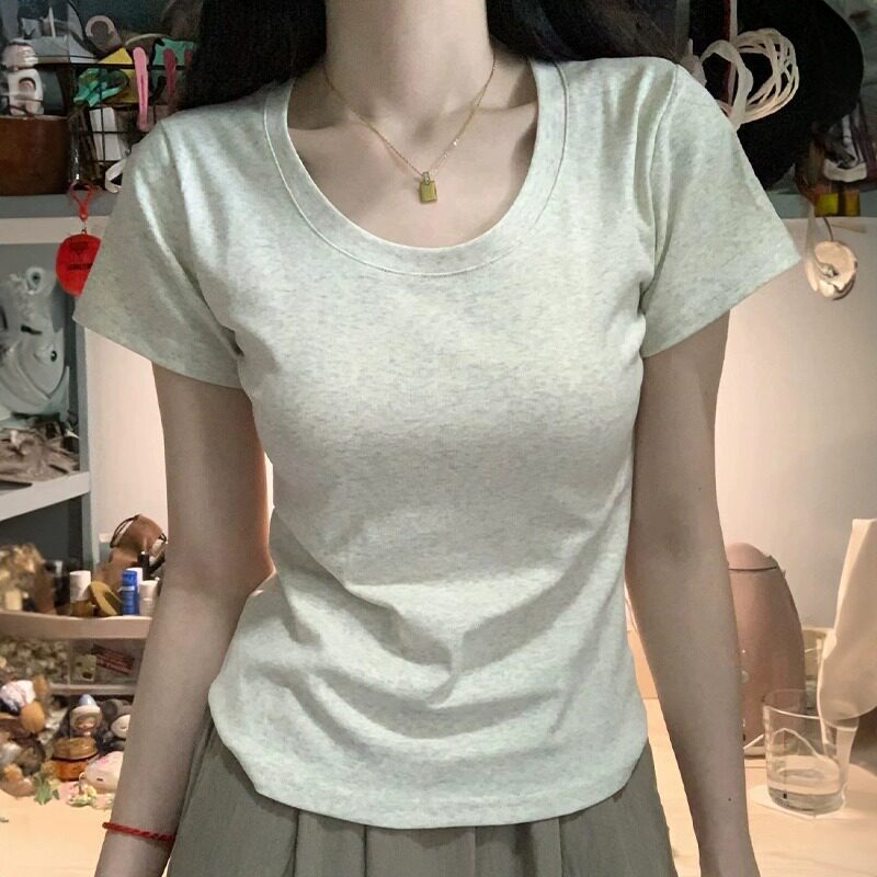 Floral Gray U-Neck Short-Sleeve T-Shirt for Women, Summer 2026, Short Style, Large Neckline, Slim Fit, Waist-Cinching Top, Flattering