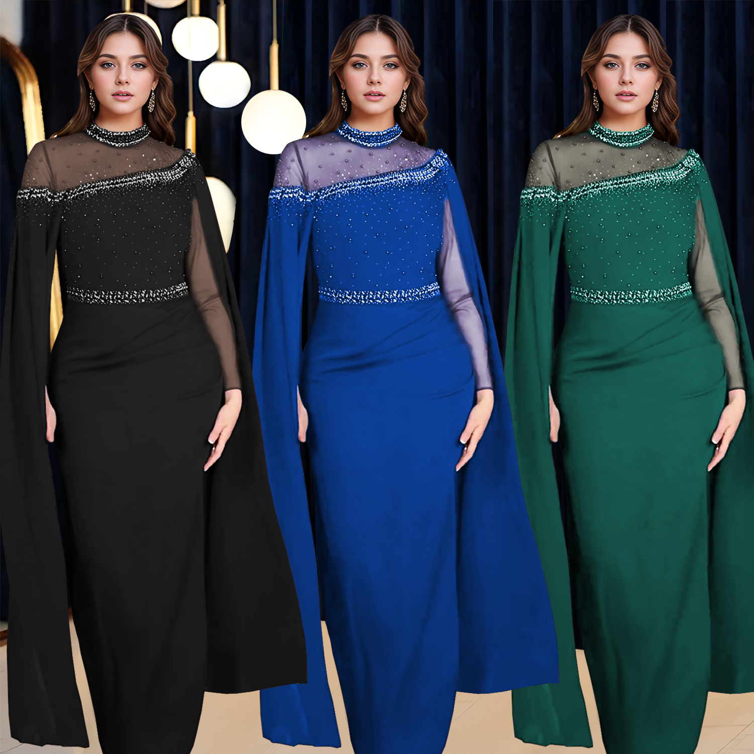 Vestido de noche con mangas tipo capa, de moda, con pedrería de diamantes, de malla de gasa, estilo europeo y americano, C7280, para uso transfronterizo.