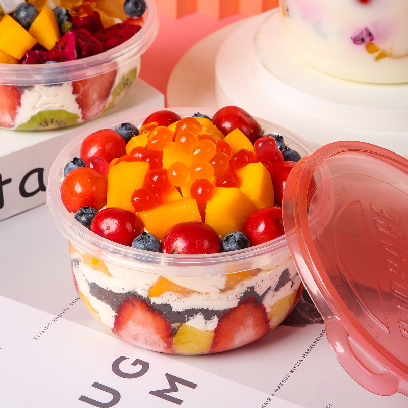 水果捞打包盒冰粉芋圆专用碗圆形甜品保鲜包装盒商用餐盒带盖饭盒