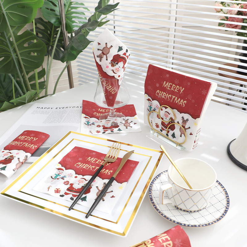 Spot Christmas Gifts Cross-Border Amazon Two-Layer Printed Christmas Decorations Napkins Santa Claus Napkins