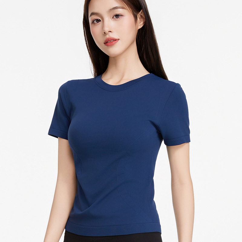 Camiseta deportiva de manga corta con cuello redondo para mujer primavera y verano nuevo estilo para correr fitness delgado delgado y transpirable ropa de yoga top de manga corta