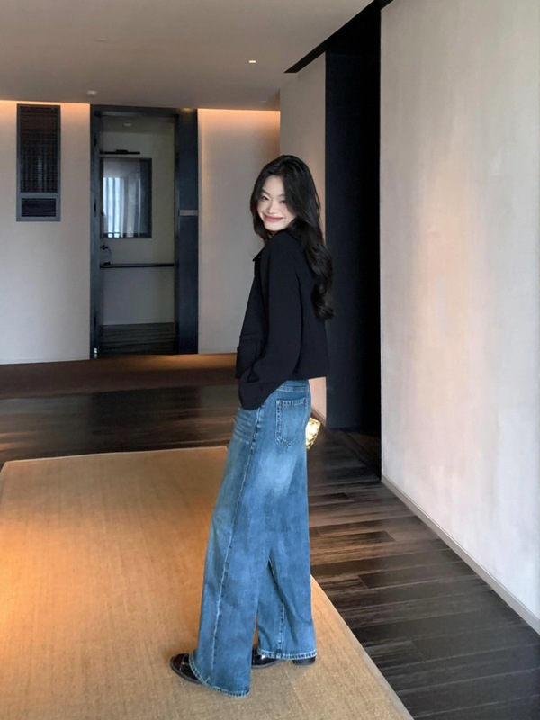 pusumede 牛仔计划 复古蓝色牛仔裤女宽松休闲慵懒阔腿拖地长裤子|undefined