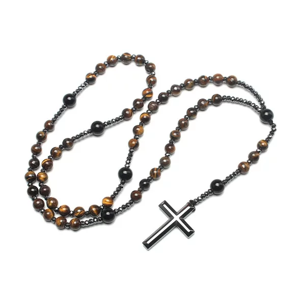 European and American Cross-Border Retro Religious Personalized Non-Magnetic Necklace Handmade Beaded Natural Stone Pendant Rosary
