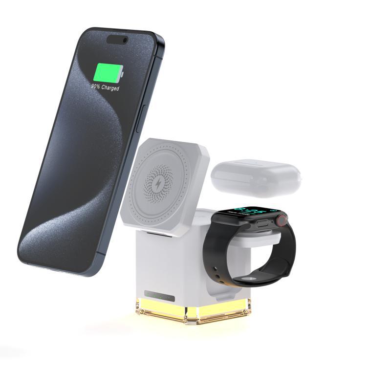 Soporte para teléfono móvil, vertical plegable, adecuado para teléfono móvil Apple, auricular Bluetooth, cargador inalámbrico tres en uno magnético de 15W