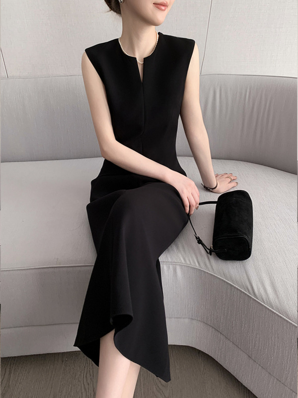 先行販売黒ノースリーブベストドレス女性の夏 2025 夏デザインセンスエレガントな気質ロングドレス|undefined