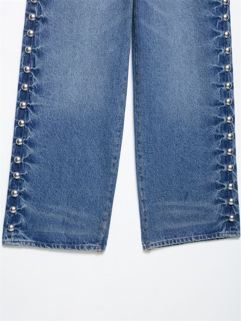 High-waisted Straight Jeans With Metal Rivets For Women_voghion.com