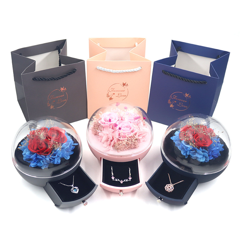 2023新款首饰盒 真花永生花圆形礼盒 喷漆球型玫瑰花礼盒 透明盒