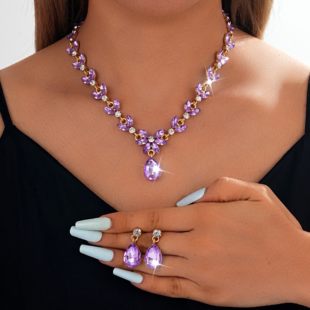 Cross-border Bridal Jewelry Two-piece Wedding Dress Accessories Rhinestone Earrings Necklace Set Wholesale_voghion.com