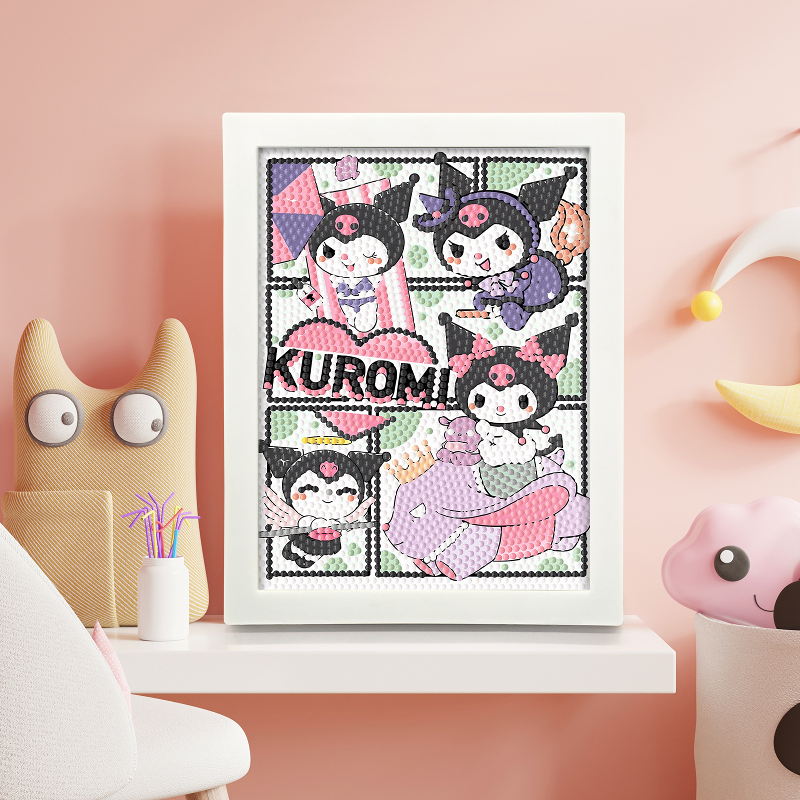 Pintura de diamante perimetral marco blanco adornos de dormitorio dibujos animados DIY puntos manuales perforación pintura decorativa soporte de plástico distribución al por mayor