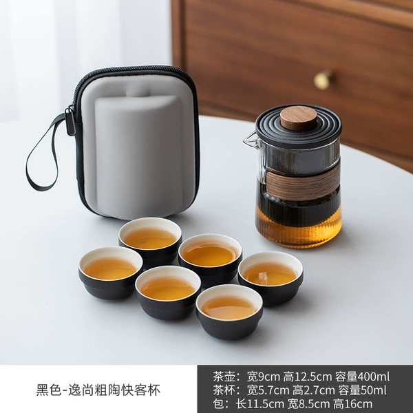 Black and green Yishang stoneware quick pot, six cups