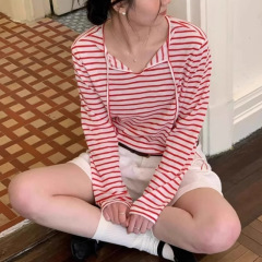 レッドストライプリボンラペル長袖日焼け止めTシャツカバーアップレディース夏アウター空調シャツ薄手トップ
