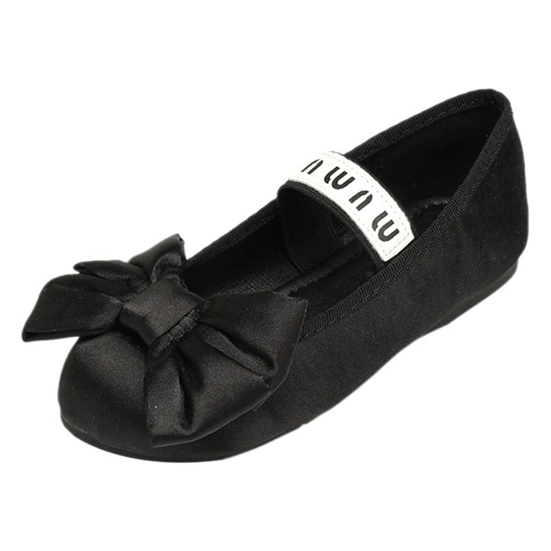 Детские балетки с мягкой подошвой, новая модель весны 2025 года, с бантом, круглым носком, из шелка и атласа, эластичной лентой, для танцев и выступлений, в стиле принцессы.
