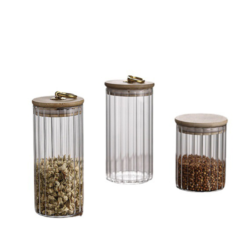 En stock patrón vertical de borosilicato redondo sellado tarro de té hogar transparente frasco de almacenamiento de vidrio botella de almacenamiento de dulces