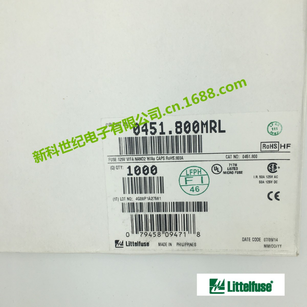 原装Littelfuse一级代理 一次性保险丝0451.800MRL，0.8A/125V