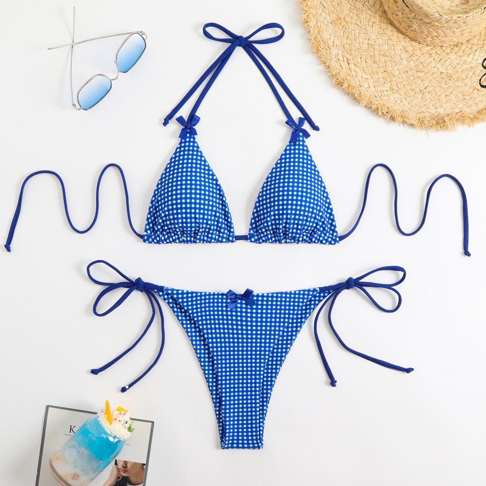 Bikini Swimwear Women Split Bikini Plaid Printed Bow Sexy Swimsuit
