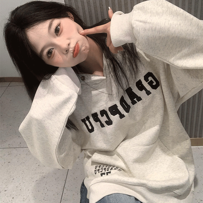 美式复古灰色刺绣连帽卫衣女春秋oversize潮牌宽松小众设计感外套|undefined