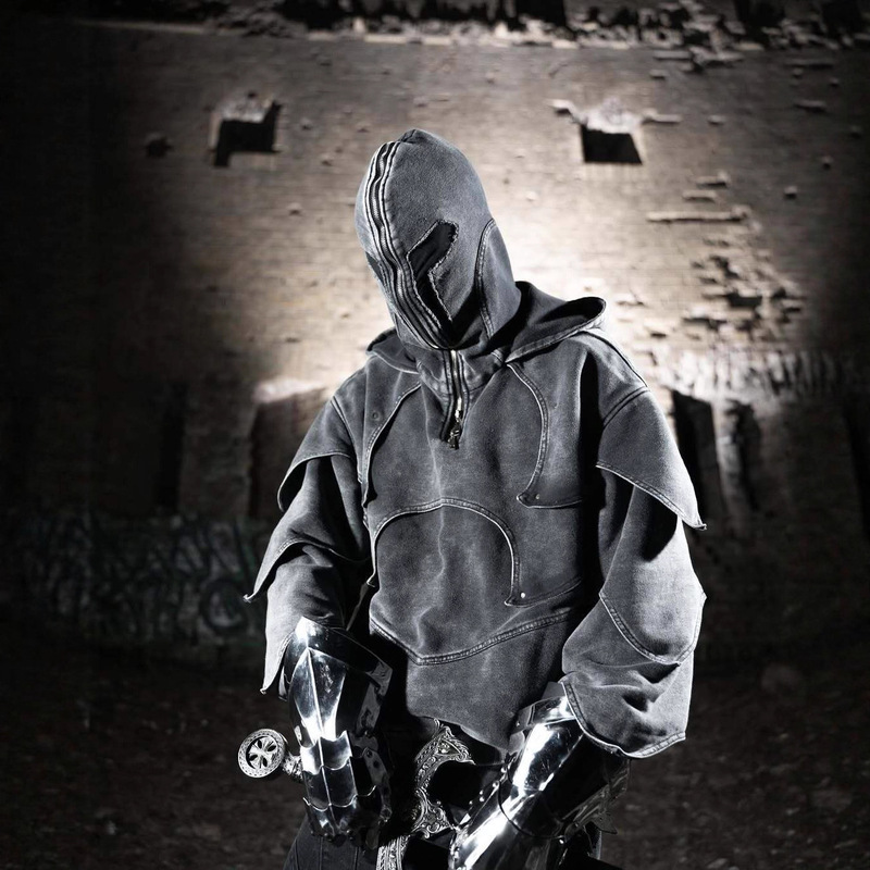 Cross-Border Export European and American Autumn and Winter New Samurai Imitation Armor Hooded Sweatshirt Men's High Street Punk Washed Distressed Pullover