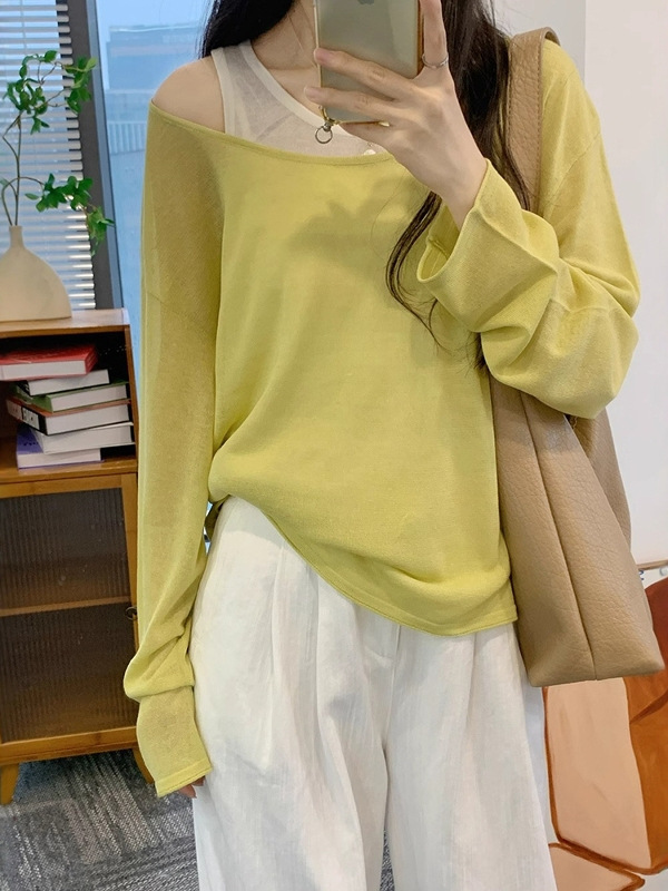多巴胺紫色假两件针织长袖t恤女早秋慵懒风打底衫设计感小众上衣|undefined