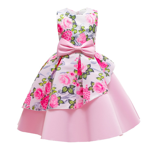 Cross-border supply girls' dress performance costumes for girls printed vests evening gowns pleated children butterfly bows princess dresses