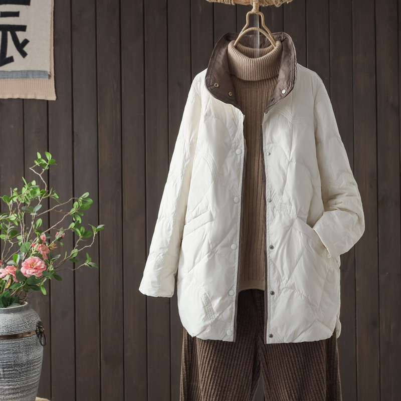 Cross-Border Autumn and Winter New down Jacket for Women, Mid-Length Stand Collar, Warm Korean Style, Auspicious Cloud Style, Fashionable Slim Coat