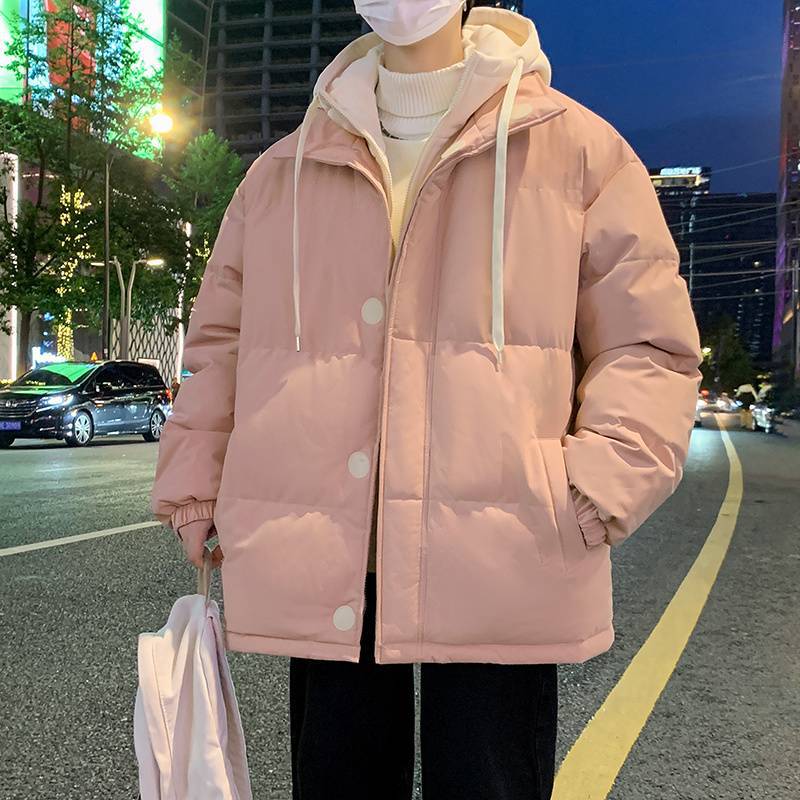 (2개) 코튼 패딩 재킷 남자의 겨울 새로운 가짜 2 피스면 패딩 재킷 잘 생긴 올 매치면 패딩 재킷 후드 따뜻한 빵 세트 어린 학생들을위한
