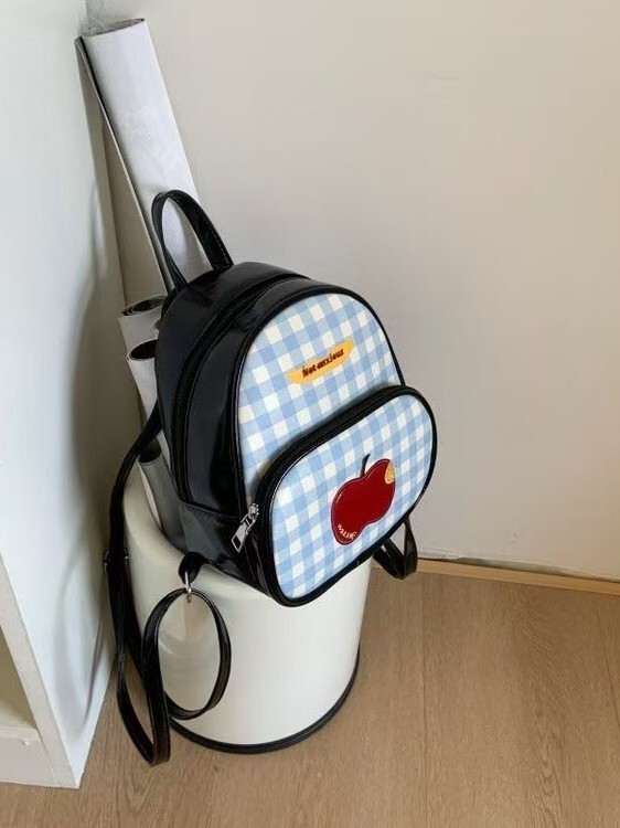ファッショナブルな赤いチェック柄アップルバックパック、キュートで絶妙なミニガールバックパック、カレッジスタイルの学生スクールバッグ、大容量|undefined
