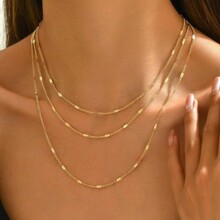 女式金色分层项链18K 镀金小米珠金链颈链,蛇骨链金项链套装