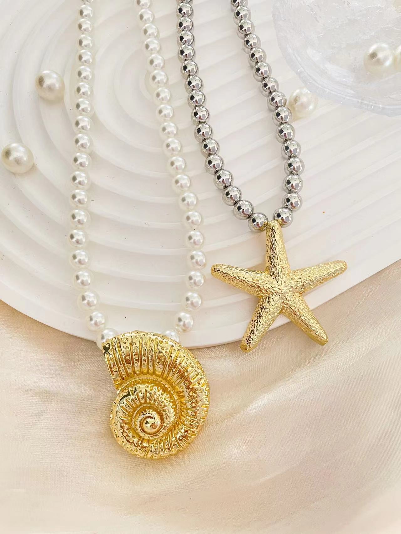 Imitation Pearl Chain Material Marine Style Simple Style Starfish Conch Imitation Pearl Alloy Wholesale Pendant Necklace