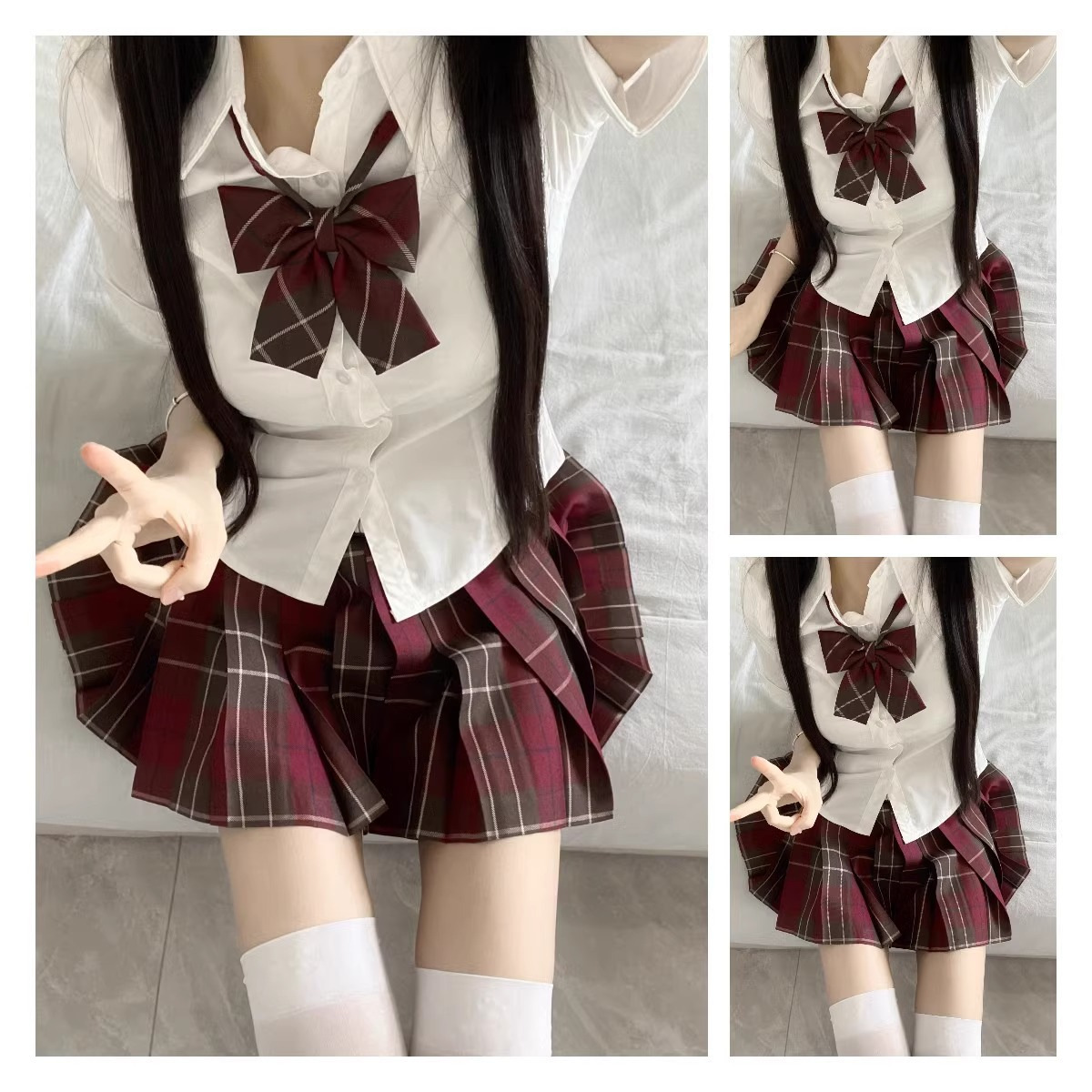 작은 V 셔츠를위한 매력적인 JK 유니폼 쌍 스커트 대학 스타일 학교 주름 치마 부티크 스커트