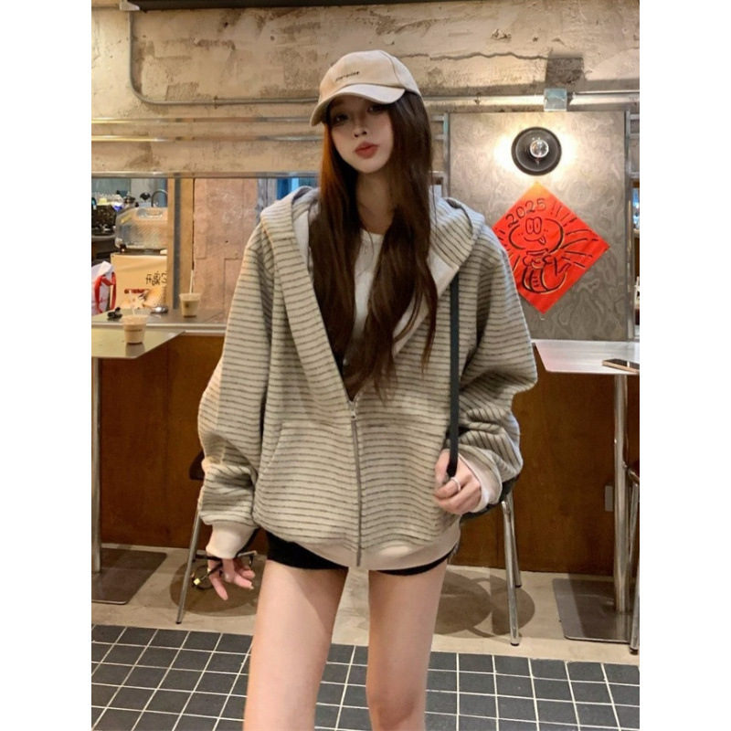 美式复古韩系连帽卫衣外套女秋季慵懒风宽松条纹撞色开衫百搭上衣|undefined