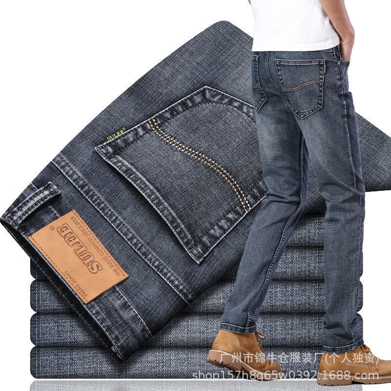 Jeans Rectos de Tiro Medio para Hombre de Mezclilla de Algodón Elástico y Resistente al Desgaste para Verano y Uso Casual