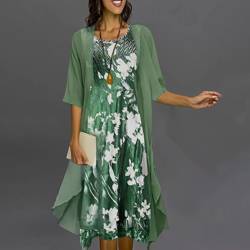 Cross-border European and American Retro Women's Two-piece dress Loose Casual Emerald Flower Mid-length dress Imitation Cotton Cross-border European and American Retro Women's Two-piece dress Loose Casual Emerald Flower Mid-length dress Imitation Cotton