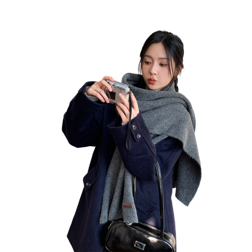 Autumn and winter new wool blended scarf leather label pinstripe atmosphere shawl Korean style windproof and warm student scarf