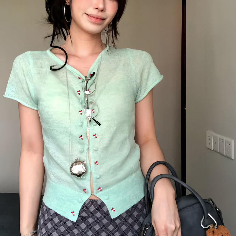 Mint Green Short-Sleeved Knitted Cardigan for Women in Spring and Summer, Beaded Hollow-Out Jacket, Slim Fit, Breathable Design Top