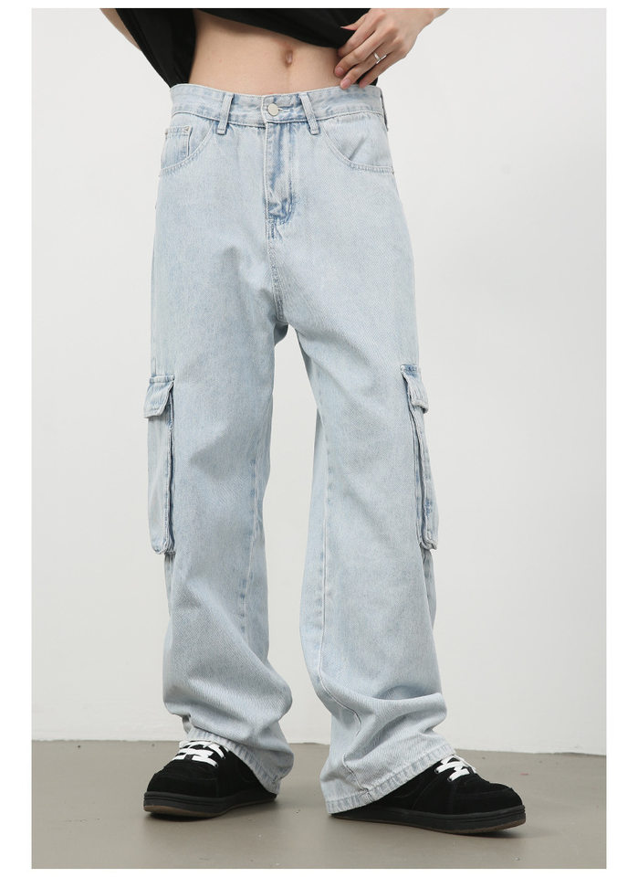 Quần jean nam ống rộng ống đứng dáng suông, vải denim giặt cổ điển, nhiều túi — Màu xanh lam chi tiết 12