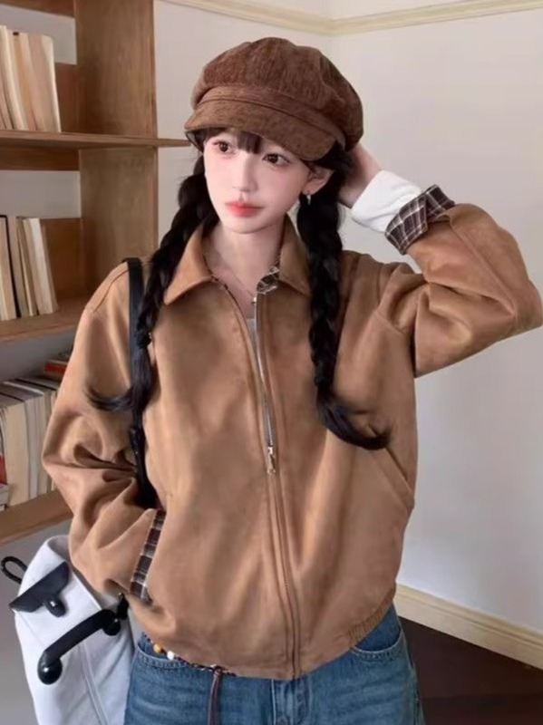 设计感格纹拼接翻领外套女2025秋季新款宽松版型短款时尚夹克上衣|undefined