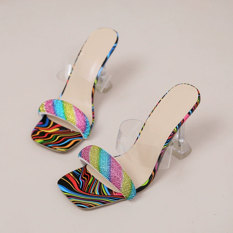 2023 Весна Новый плюс размер внешней торговли женская обувь Красочные горный хрусталь узор Зебра винная чашка каблук высокие каблуки увеличение высоты тапочки для женщин