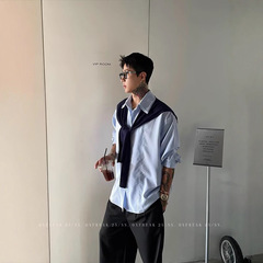 高智感浅蓝色双层领披肩条纹长袖衬衫男款韩系穿搭高级感休闲衬衣