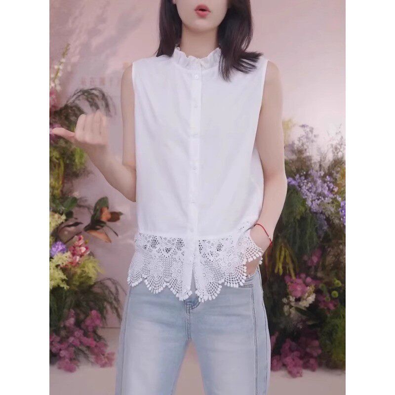 2026 Summer New Style Lotus Leaf Collar Hem Spliced Lace Sleeveless Vest T-Shirt Shirt for Women