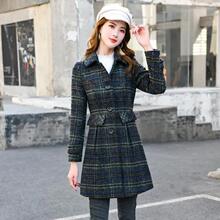 毛呢外套女装新款春秋冬款修身版中长款格子毛呢子外套大衣