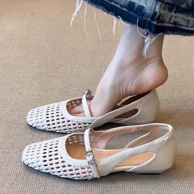[Ready Stock] New Easiest for Match Thick Heel Sandals Women's Braided Hollow Strap Square Toe Genuine Leather Easiest for Match Fashion Shoes