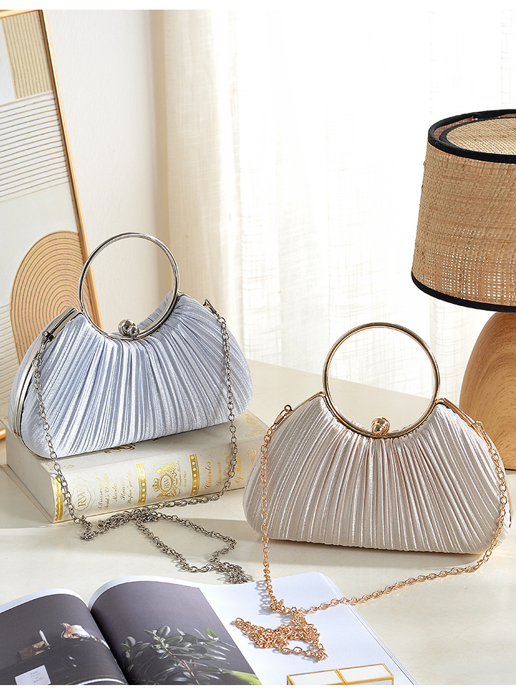 Túi clutch dạ tiệc satin xếp ly hình vòng tròn, phong cách sườn xám, có dây đeo chéo — Màu mơ, Màu trắng, Màu bạc, Màu hồng chi tiết 7