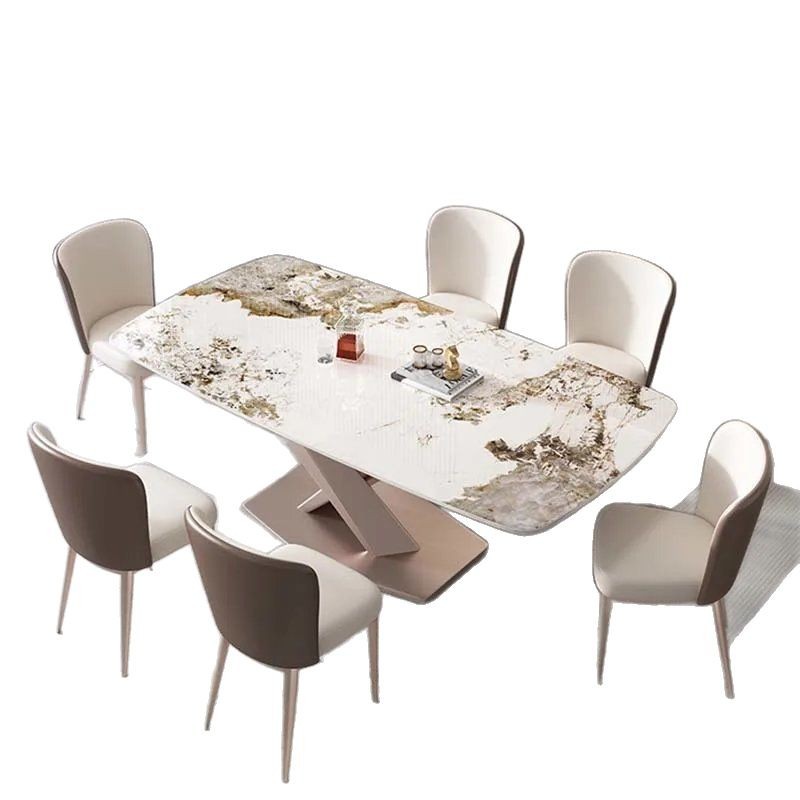 Mesa de comedor de tabla de roca de lujo ligera y silla combinada de estilo minimalista, mesa de comedor doméstica moderna y simple, mesa de comedor rectangular occidental