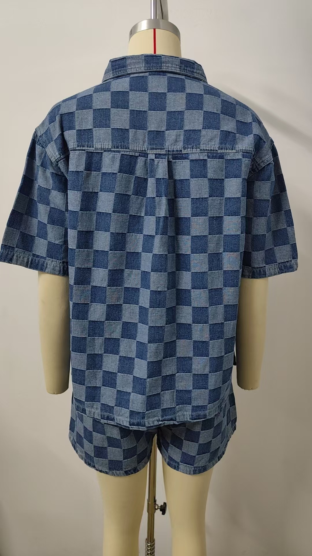 Women Summer Thin Washed Casual Loose Denim Plaid Shirt Short Sleeve Sets