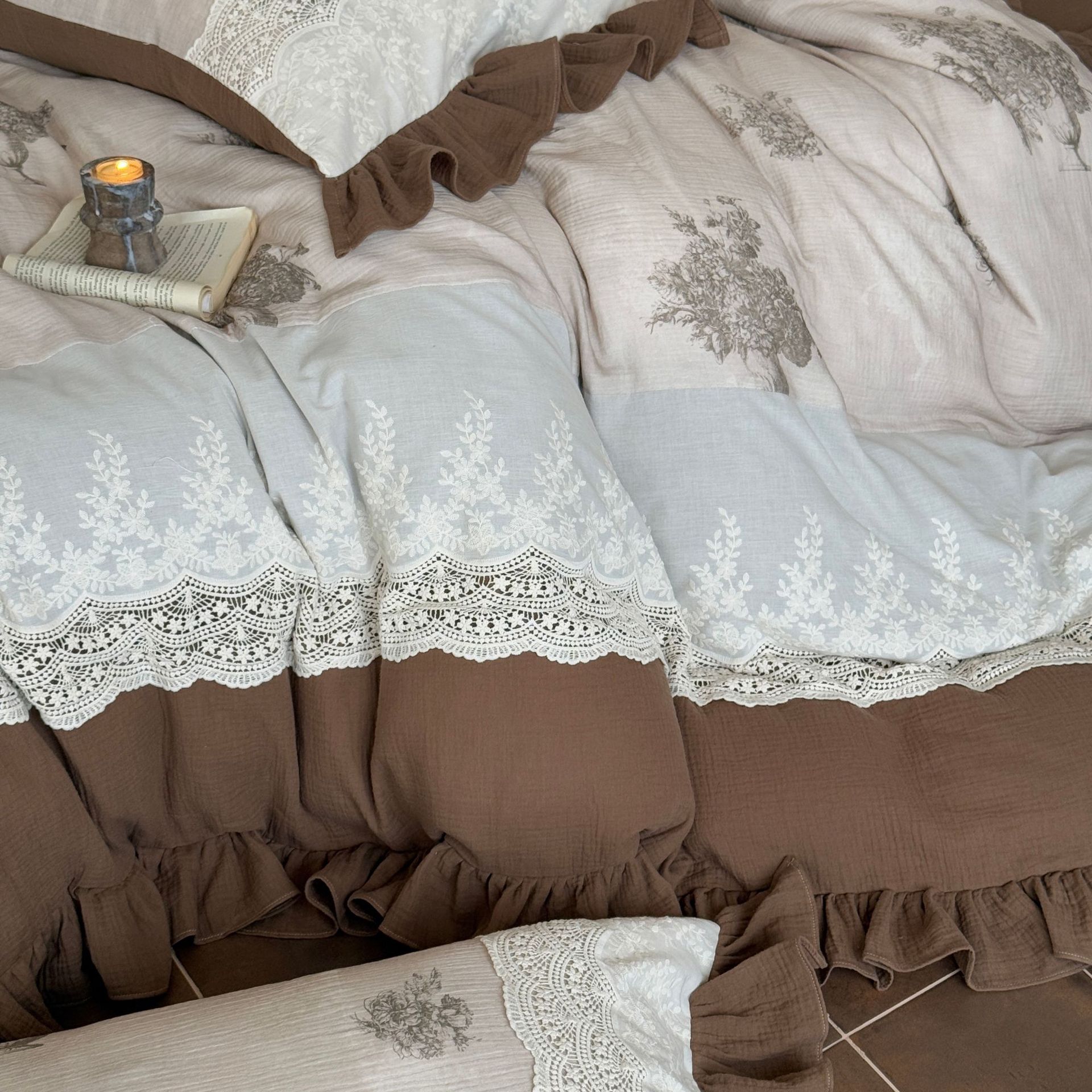 Conjunto de capa de edredão vintage boho francês em algodão e renda_voghion.com