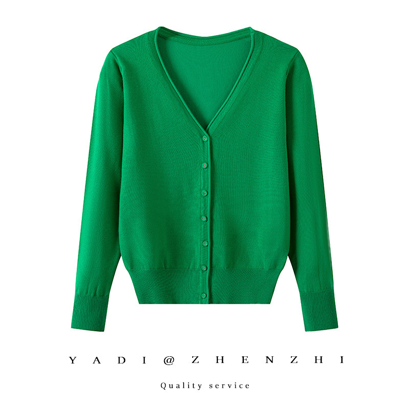 2025 Spring & Fall Knitted Cardigan Women's Green Jacket V-Neck Slim Summer Versatile Air-Conditioned Shirt Pure Color Top Cotton 2025 Spring & Fall Knitted Cardigan Women's Green Jacket V-Neck Slim Summer Versatile Air-Conditioned Shirt Pure Color Top Cotton