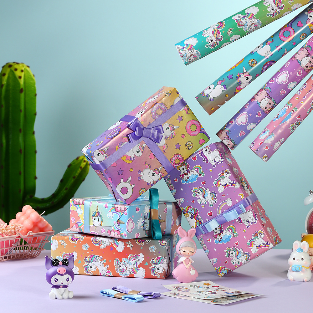 Amazon nuevo dibujos animados colorido unicornio papel de regalo niños caja de regalo papel de embalaje de libro